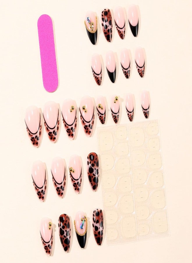 CJDLTS 24Pcs French Black Leopard Print Press on Nails Medium Artificial Almond Acrylic Fake Nails Gold Beads Stick on Nail Full Cover Metal Chain Reusable Coffin Artificial Fingernails for Women Manicure - Image 3